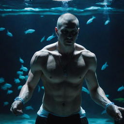 Eminem reinterpreted in an aquapunk setting, adorned with aquatic elements, bio-luminescent accessories, and performing in an ethereal underwater concert scene.