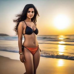 A beautiful desi woman wearing a bikini, showcasing her curves in a tasteful and artistic manner