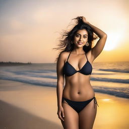 A beautiful desi woman wearing a bikini, showcasing her curves in a tasteful and artistic manner