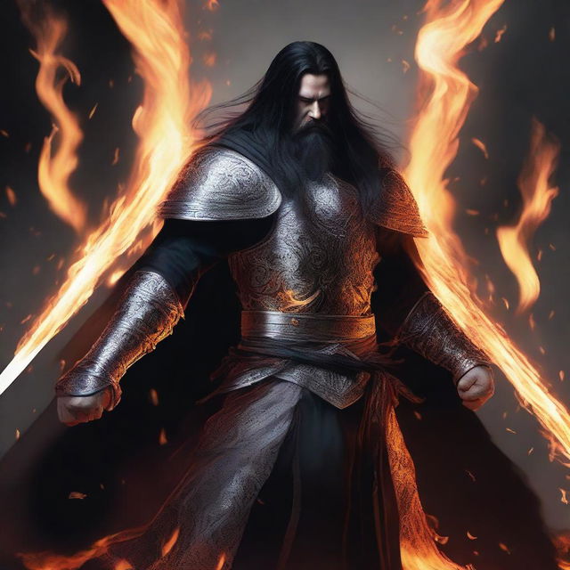 A man with long black hair and a long beard, wearing white armor and black robes, standing in a powerful stance