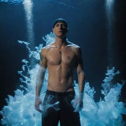 Eminem reinterpreted in an aquapunk setting, adorned with aquatic elements, bio-luminescent accessories, and performing in an ethereal underwater concert scene.