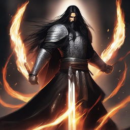 A man with long black hair and a long beard, wearing white armor and black robes, standing in a powerful stance