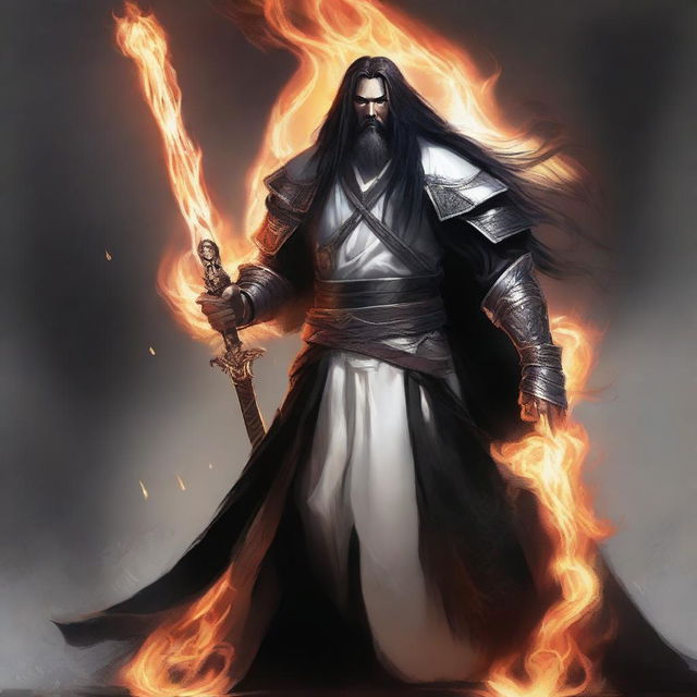 A man with long black hair and a long beard, wearing white armor and black robes