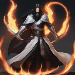 A man with long black hair and a long beard, wearing white armor and black robes