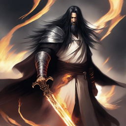 A man with long black hair and a long beard, wearing white armor and black robes