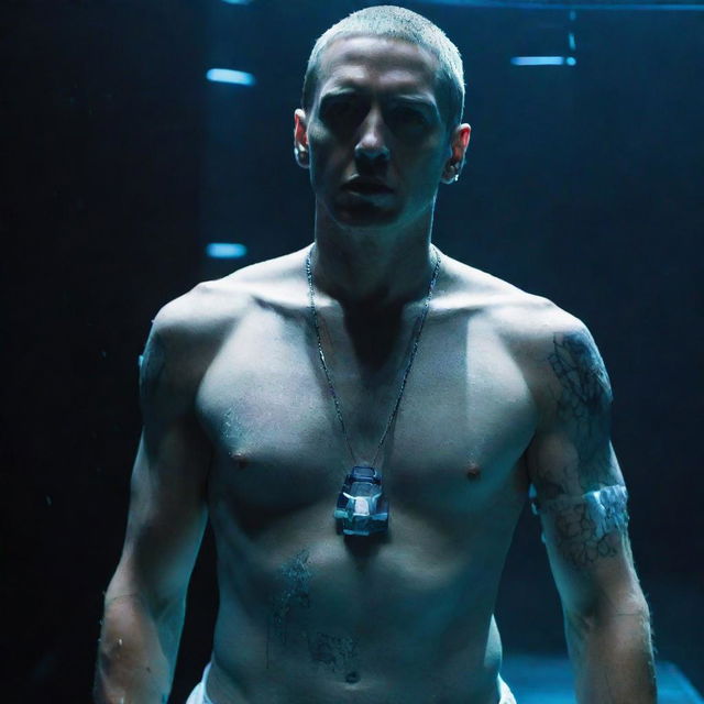 Eminem reinterpreted in an aquapunk setting, adorned with aquatic elements, bio-luminescent accessories, and performing in an ethereal underwater concert scene.