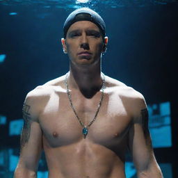 Eminem reinterpreted in an aquapunk setting, adorned with aquatic elements, bio-luminescent accessories, and performing in an ethereal underwater concert scene.