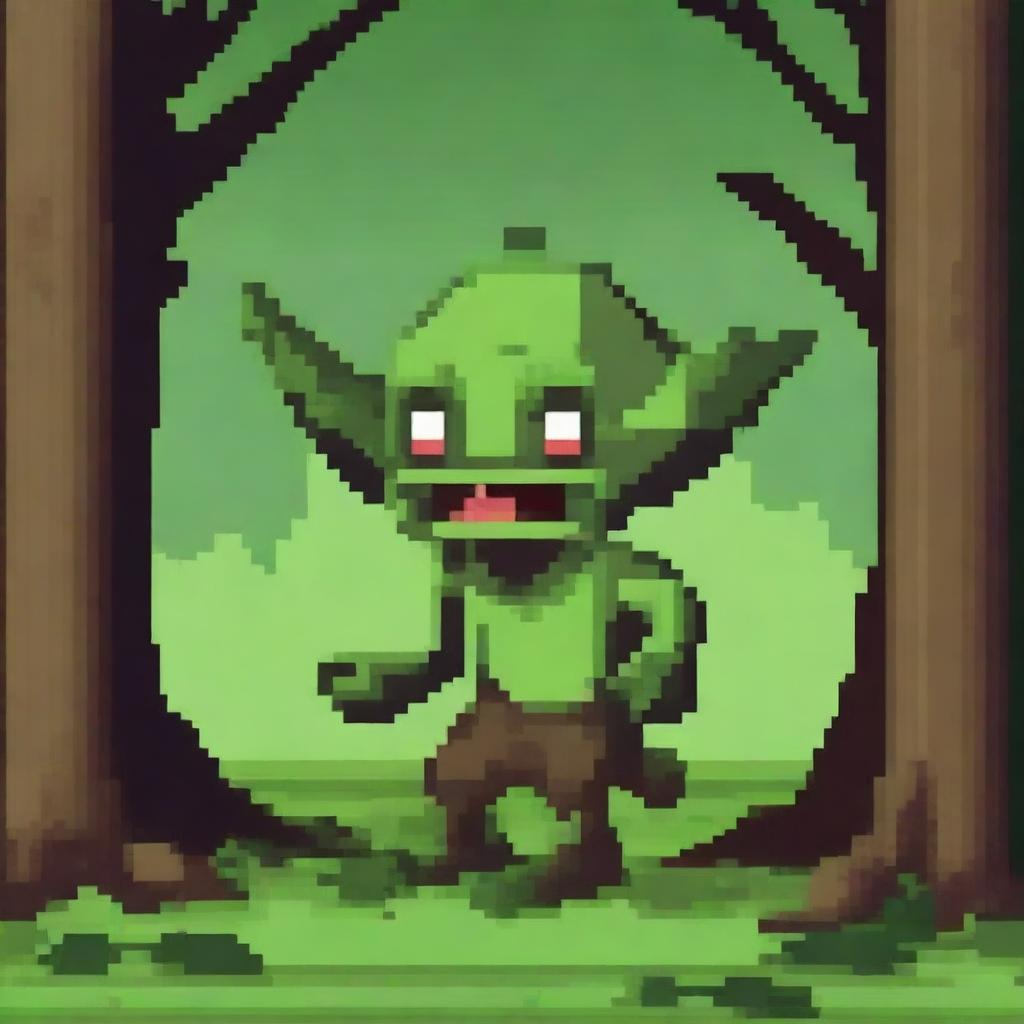 Create a detailed pixel art image of a mischievous goblin