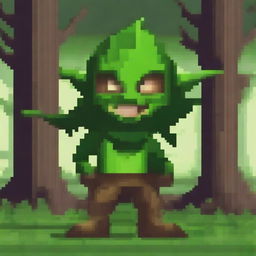 Create a detailed pixel art image of a mischievous goblin