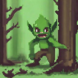 Create a detailed pixel art image of a mischievous goblin