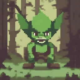 Create a detailed pixel art image of a mischievous goblin