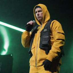 Eminem portrayed within a nuclearpunk theme, equipped with radiation-protective attire, intensive safety gears, and glowing, radio-active props while performing in a post-nuclear environment.