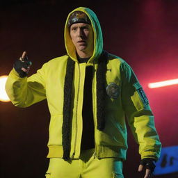 Eminem portrayed within a nuclearpunk theme, equipped with radiation-protective attire, intensive safety gears, and glowing, radio-active props while performing in a post-nuclear environment.