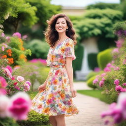 A person feeling fabulous in their favorite floral dress, standing confidently with a joyful expression