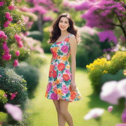 A person feeling fabulous in their favorite floral dress, standing confidently with a joyful expression