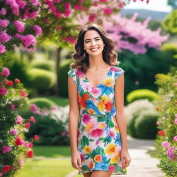 A person feeling fabulous in their favorite floral dress, standing confidently with a joyful expression