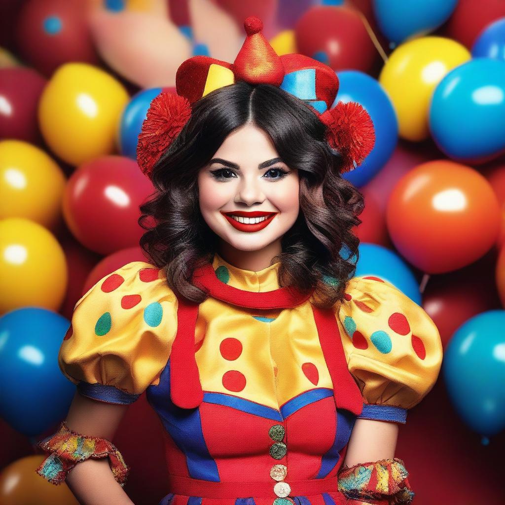 A detailed and colorful image of Selena Gomez dressed as a clown