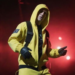 Eminem portrayed within a nuclearpunk theme, equipped with radiation-protective attire, intensive safety gears, and glowing, radio-active props while performing in a post-nuclear environment.