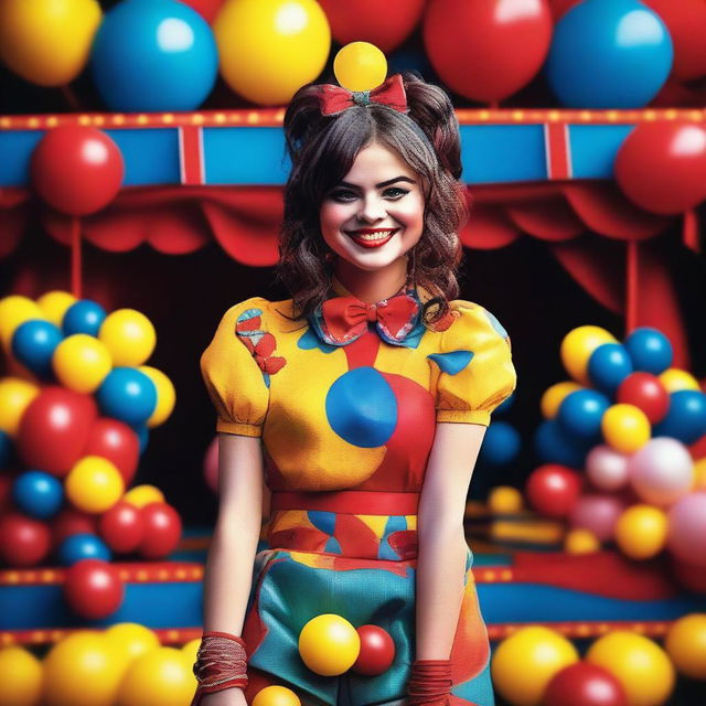 A detailed and colorful image of Selena Gomez dressed as a clown