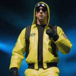 Eminem portrayed within a nuclearpunk theme, equipped with radiation-protective attire, intensive safety gears, and glowing, radio-active props while performing in a post-nuclear environment.