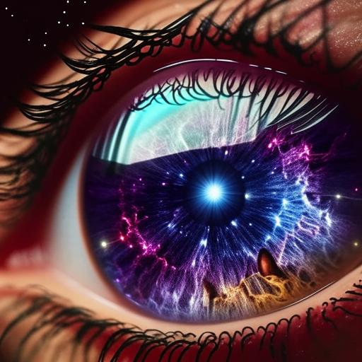 Detailed close-up of an eye reflecting the grandeur and mystique of cosmic realms, revealing galaxies, constellations, and celestial phenomena, creating a captivating sight.