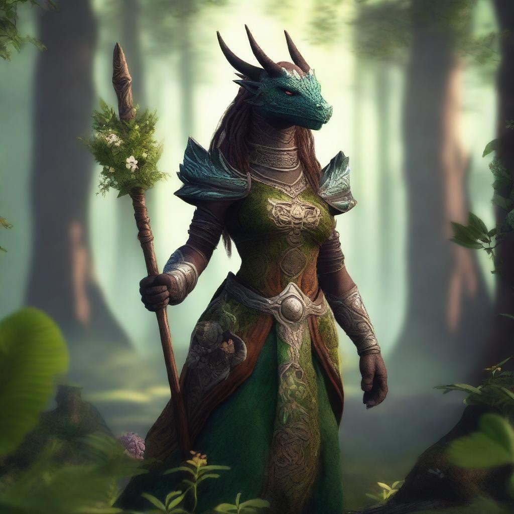 A majestic female dragonborn druid standing in a lush forest, surrounded by various flora and fauna