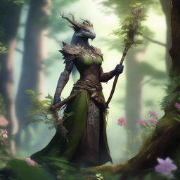 A majestic female dragonborn druid standing in a lush forest, surrounded by various flora and fauna