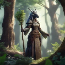 A majestic female dragonborn druid standing in a lush forest, surrounded by various flora and fauna