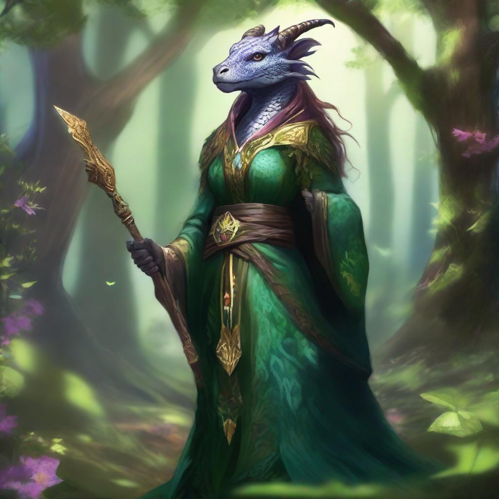 A majestic female dragonborn druid standing in a lush forest, surrounded by vibrant flora and fauna