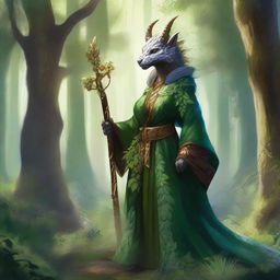 A majestic female dragonborn druid standing in a lush forest, surrounded by vibrant flora and fauna