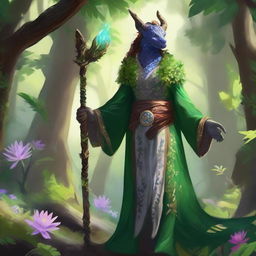 A majestic female dragonborn druid standing in a lush forest, surrounded by vibrant flora and fauna