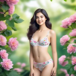 A confident young woman in sexy underwear, posing naturally in a park with blooming flowers and greenery