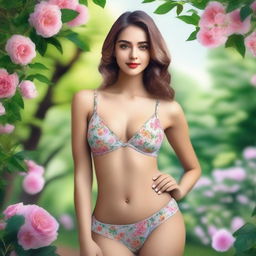 A confident young woman in sexy underwear, posing naturally in a park with blooming flowers and greenery