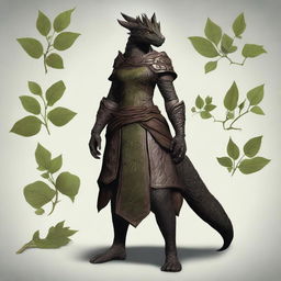 A female dragonborn character wearing small clothes adorned with plant designs