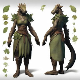 A female dragonborn character wearing small clothes adorned with plant designs