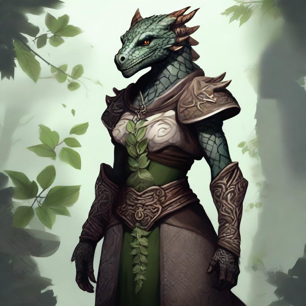 A female dragonborn character wearing small clothes adorned with plant designs