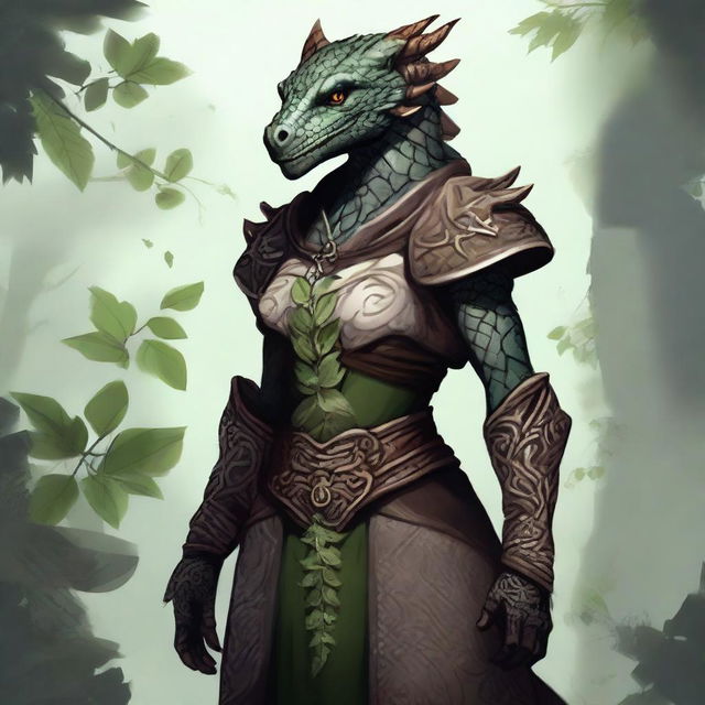 A female dragonborn character wearing small clothes adorned with plant designs