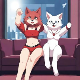 Two furry girls: a dark-furred wolf wearing tight shorts and a white cat in a very sexy red outfit