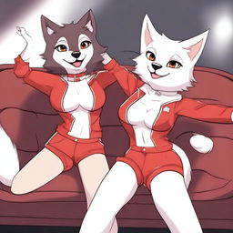 Two furry girls: a dark-furred wolf wearing tight shorts and a white cat in a very sexy red outfit