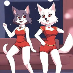 Two furry girls: a dark-furred wolf wearing tight shorts and a white cat in a very sexy red outfit