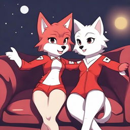 Two furry girls: a dark-furred wolf wearing tight shorts and a white cat in a very sexy red outfit