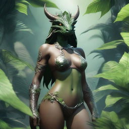 A detailed image of a female dragonborn wearing a bikini, surrounded by lush green plants