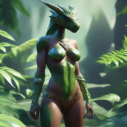 A detailed image of a female dragonborn wearing a bikini, surrounded by lush green plants