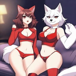 Two very sexy and voluptuous furry girls: a dark-furred wolf wearing tight shorts and a white cat in a very sexy red outfit