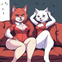 Two very sexy and voluptuous furry girls: a dark-furred wolf wearing tight shorts and a white cat in a very sexy red outfit