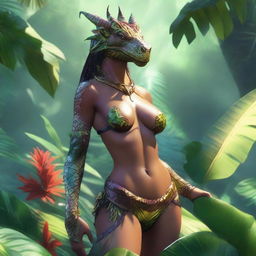 A female dragonborn wearing a bikini, surrounded by lush, vibrant plants