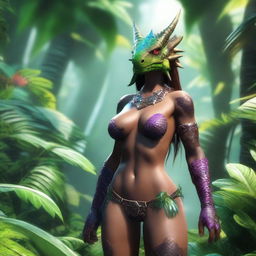 A female dragonborn wearing a bikini, surrounded by lush, vibrant plants