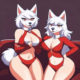 Two very sexy and voluptuous furry girls: a dark-furred and tanned wolf wearing tight shorts and a white cat in a very sexy and revealing red outfit