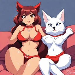 Two very sexy and voluptuous furry girls: a dark-furred and tanned wolf wearing tight shorts and a white cat in a very sexy and revealing red outfit