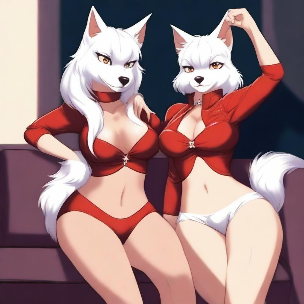 Two very sexy and voluptuous furry girls: a dark-furred and tanned wolf wearing tight shorts and a white cat in a very sexy and revealing red outfit